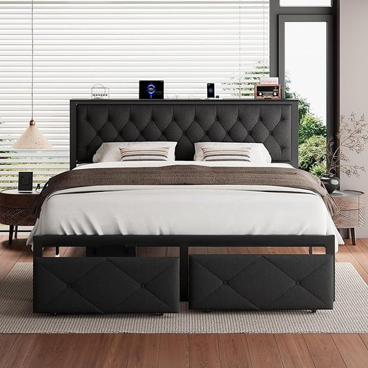 iPormis King Bed Frame with 2 Storage Drawers, Linen Upholstered Headboard Platform Bed with Charging Station, No Box Spring Needed, Metal Slats Support, Noise-Free, Easy Assembly, Black