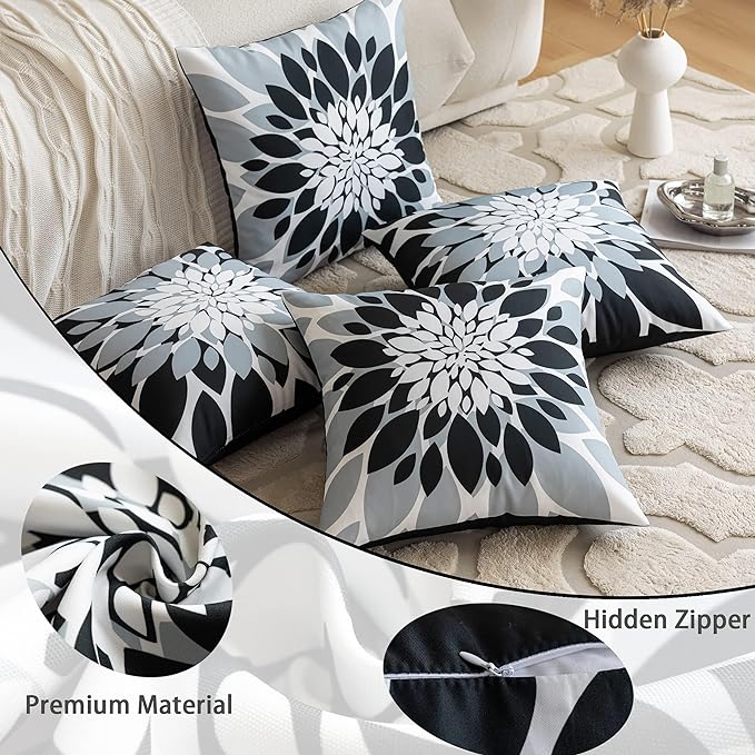 Qahing Pack of 4 Outdoor Waterproof Pillow Covers 18x18 Decorative Outdoor Throw Pillows Garden Square Cushion Cases for Patio Furniture, Couch, Tent Sunbrella, Bench, Black Grey