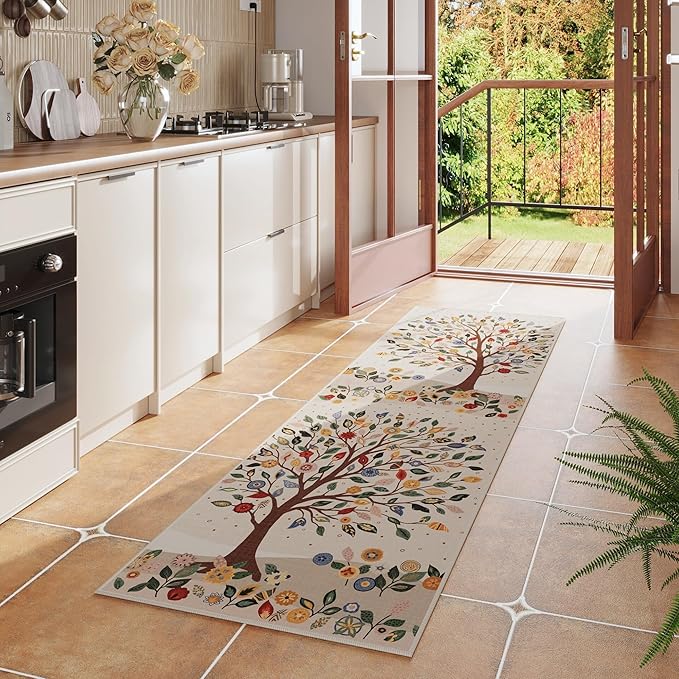 Runner Rug for Kitchen Rug Non Slip 2'6"x8' Washable Rugs Bohemian with Rubber Backing Floral Tree Soft Carpet for Kitchen, Laundry, Bedroom, Bathroom, Beige