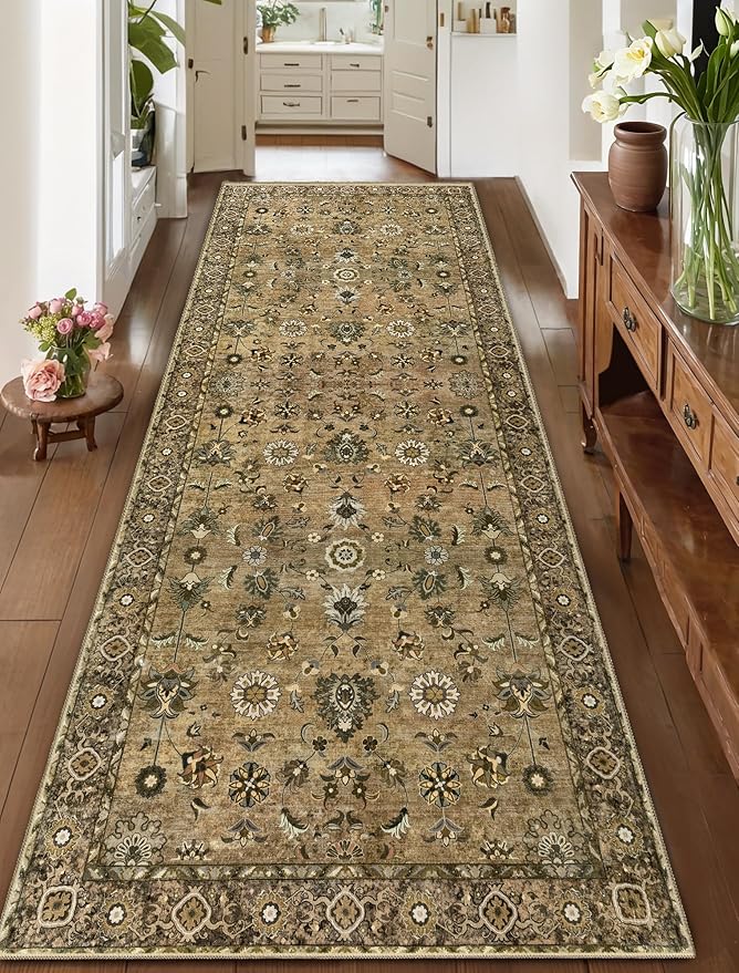 2.6x8 Hallway Runner Rug, Floral Washable Non-Slip Vintage Boho Runner Rug for Hallway Entryway Indoor, Brown Print Carpet,Soft Low Pile Long for Kitchen Bedroom