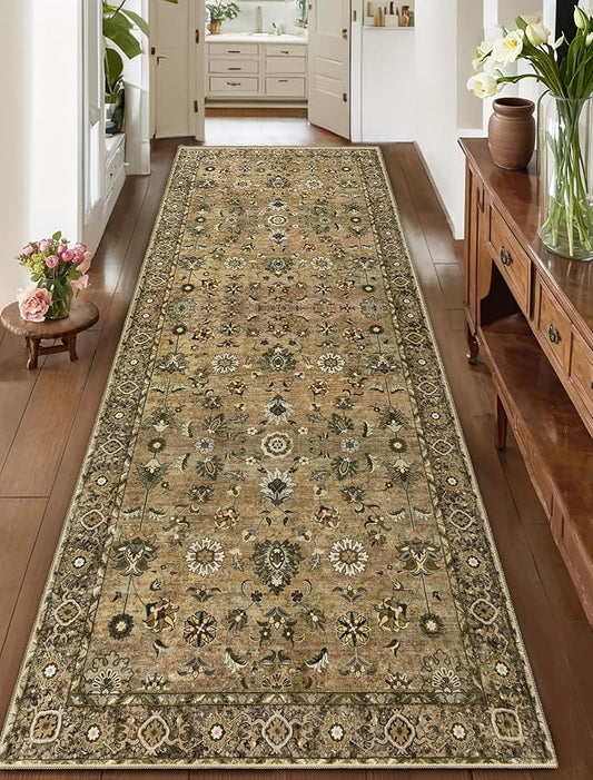 2x10 Hallway Runner Rug, Washable Non-Slip Vintage Floral Boho Runner Rug for Hallway Entryway Indoor, Brown Print Carpet,Soft Low Pile Long for Kitchen Bedroom