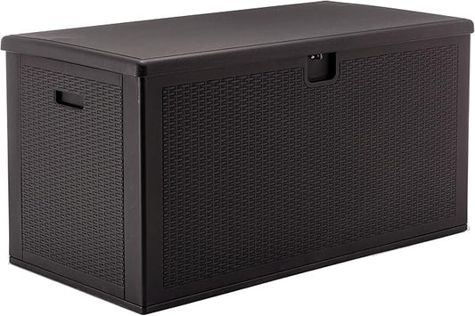 BTEXPERT 150 Gallon Large Resin Deck Box, Outdoor Storage Container for Patio Furniture Cushions Garden Tools Pool Toys Sports Equipment Waterproof Lockable Stainless Steel Metal insert rod