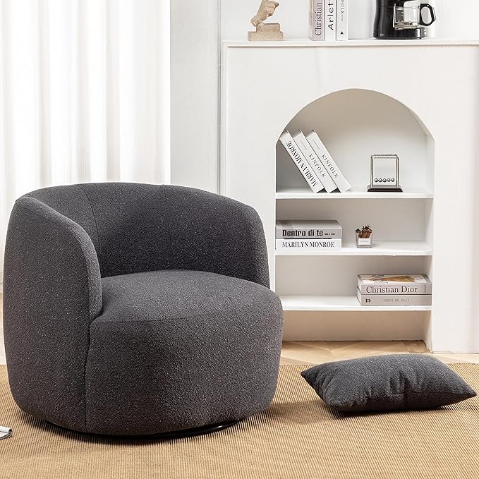KINWELL 34" Wide Boucle Swivel Barrel Chair, No Assembly Round Upholstered Armchair Accent Chair Single Sofa Chair with Toss Pillow for Living Room and Bedroom, Dark Grey