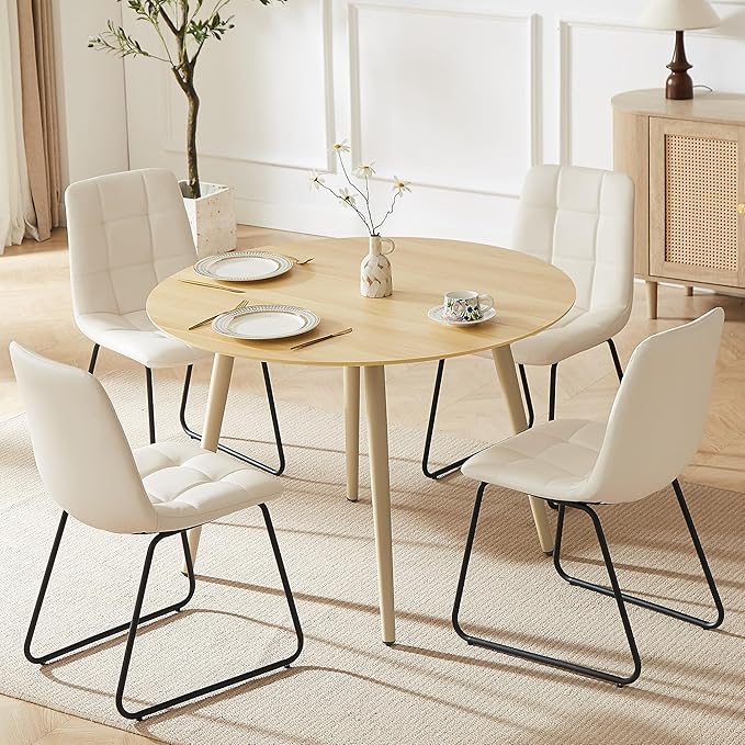 43.3 Inch Round Dining Table Set for 4, Modern Small Kitchen Coffee Set for Dining Room Kitchen Apartment (Cream Table+4 U-Shaped White Chairs)