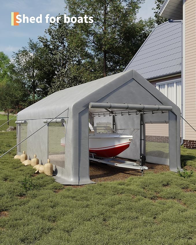 10x20 Ft Carport, Car Port with 200g PE Tarp, Roll-Up Doors, and 4 Windows, for Sedans, Bass Boats, Motos, ATVs, and SUVs, White