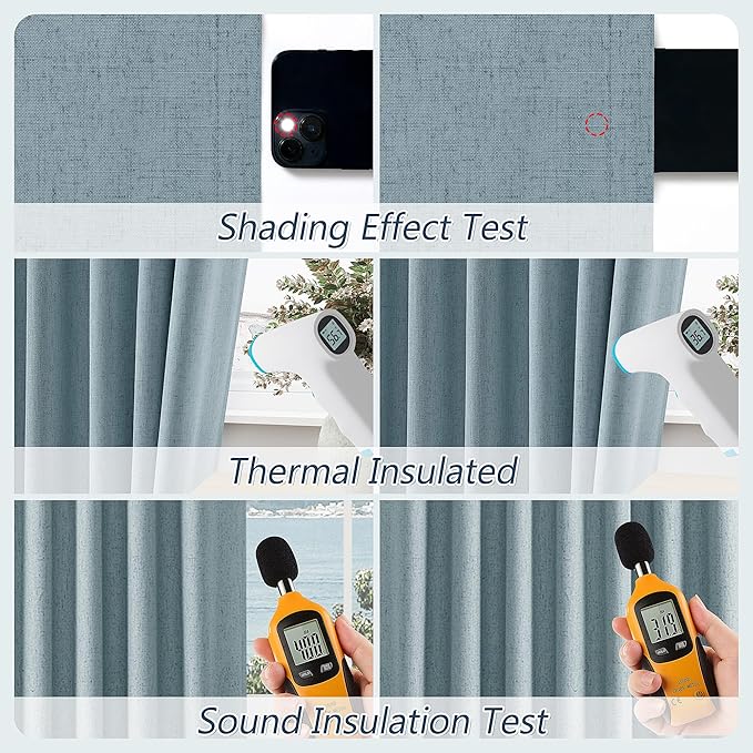 Guken Blue Linen Blackout Curtains 84 Inch Length 2 Panels Set for Living Room Bedroom Back Tab Thermal Insulated 100% Black Out Linen Drapes Room Darkening Window Curtains 84 Inches Long Dusty Blue