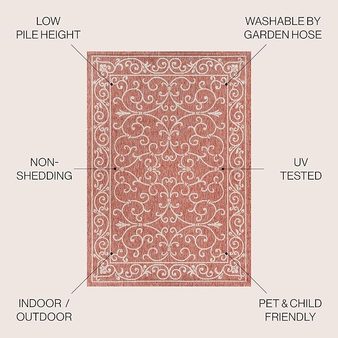 JONATHAN Y SMB106B-8R Charleston Vintage Filigree Textured Weave Red/Beige 8' Round Indoor/Outdoor Area Rug, Pet Friendly, Non-Shedding, Stain Resistant, Easy-Cleaning for Backyard, Patio, Porch
