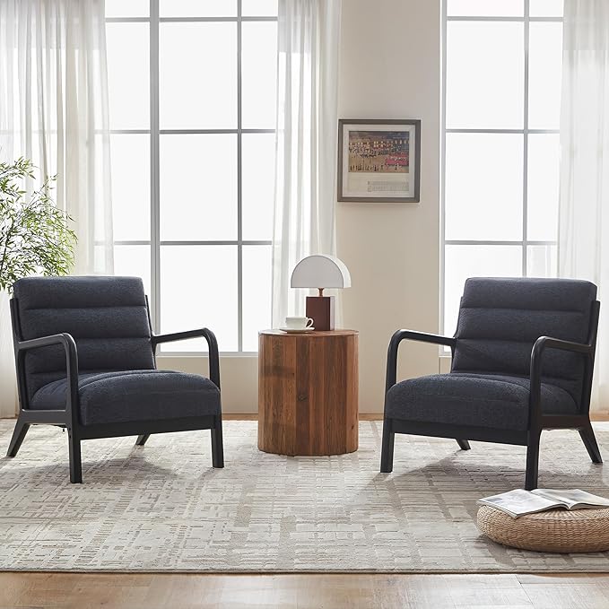 VKNOW Accent Chairs with Rubberwood Frame Accent Chairs Set of 2, Mid-Century Modern Upholstered Reading Armchair, High Back Lounge Armchair Living Room Chair for Bedroom Reading Room, Dark Blue