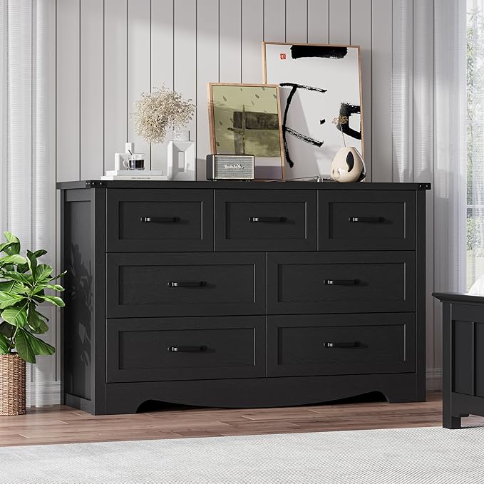 7-Drawer Dresser for Bedroom – 47" Wide Modern Wooden Chest with Natural Wood Texture, TV Stand & Storage, Metal Corner Brackets, Wood Drawer Organizer for Living Room, Hallway