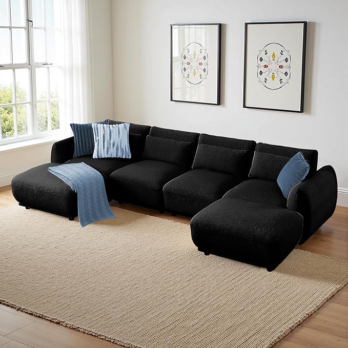 Sectional Sofa Couch, Modern Convertible U Shaped Sectional Couch with Ottoman, Modular Sectional Sofa Cloud Couches for Living Room (Black, 4 Set + 2 Ottoman)