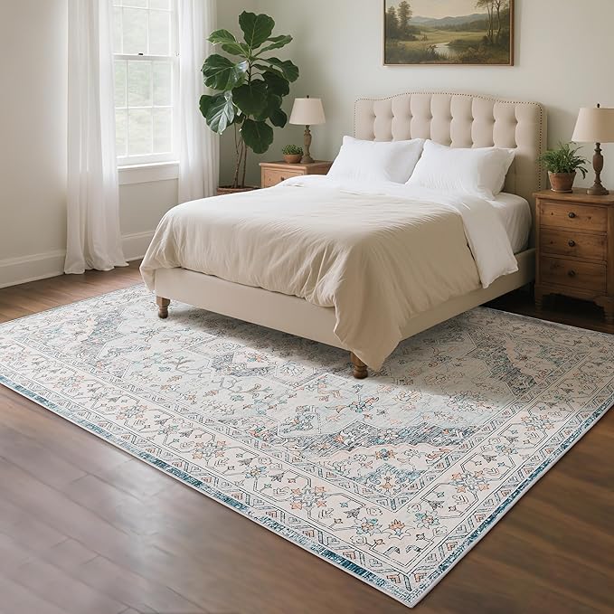 8x10 Area Rug for Living Room, Modern Washable Rug Non Slip Low Pile Large Area Rugs for Living Room, Bedroom, Farmhouse, Dining Room,Blue