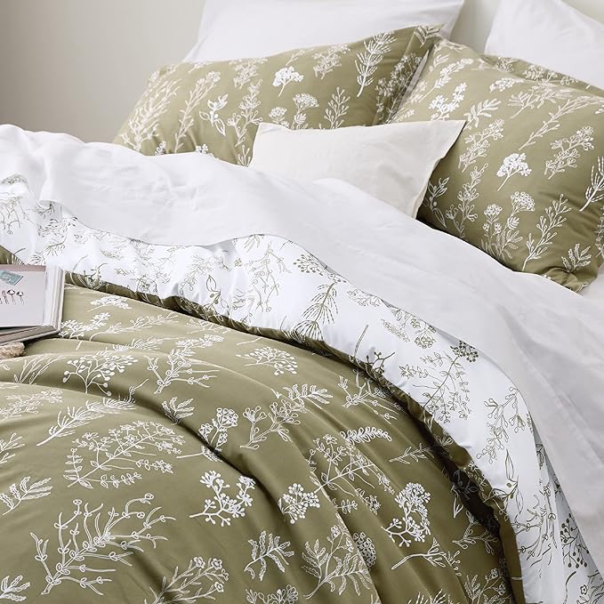 Bedsure Oversized Queen Comforter Set - Olive Green Bed Set, 3 Pieces Cute Floral Bedding, 1 Soft Reversible Botanical Flowers Comforter and 2 Pillow Shams