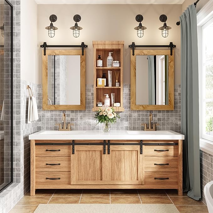 Farmhouse Bathroom Mirror 26”x40” Rustic Wood Framed Wall Mirror Barn Door Mirror for Wall (Brown)