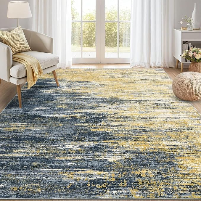 Modern Abstract Living Room Rug 10x13, Machine Washable Large Carpet, Non Slip Low Pile Throw Rug, Ultra Soft Indoor Floor Carpet for Bedroom Dining Room Table Home Decor, Yellow/Black