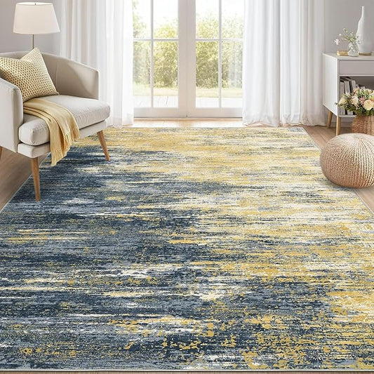 Modern Abstract Living Room Rug 10x13, Machine Washable Large Carpet, Non Slip Low Pile Throw Rug, Ultra Soft Indoor Floor Carpet for Bedroom Dining Room Table Home Decor, Yellow/Black