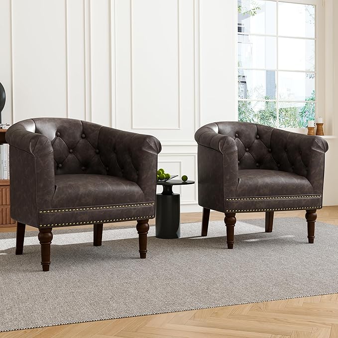 Accent Chair, Upholstered Faux Leather Barrel Chair with Nailed Trim, Comfy Club Armchair for Reading Living Room Bedroom Waiting Room (Chocolate, Set of 1)