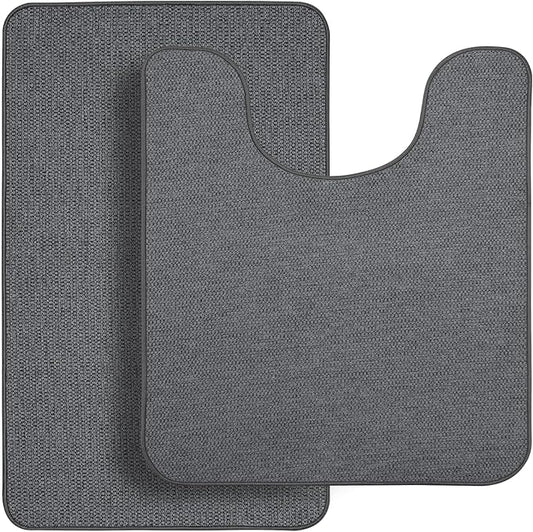 Bathroom Rugs Set 2 Pieces,Thin Bathroom Mats,Toilet Rugs,Quick Dry,Non-Slip,Machine Washable,Low Pile,Absorbent Bath Mats,Shower,Sink,Home Decor Accessories.Dark Grey,1'5"x2'3"+1'8"x2" U Shape