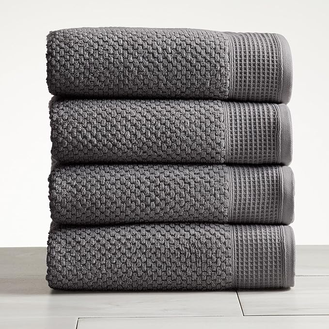 Market & Place 100% Cotton Waffle Textured Bath Towels Set of 4 | Super Soft Quick Dry Bath Towels | Decorative Towels for Bathroom | Belle Collection (Charcoal)