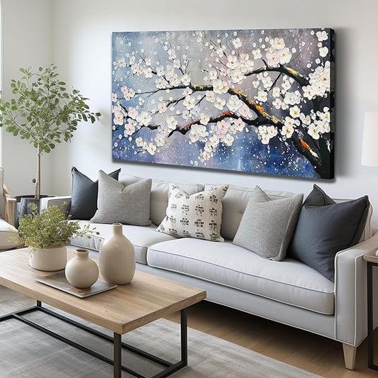Plum Blossom Painting Wall Decor for Bedroom Women Modern Wall Art for Office Blue and White Wall Art for Living Room Large Size 29 x 58 Inch