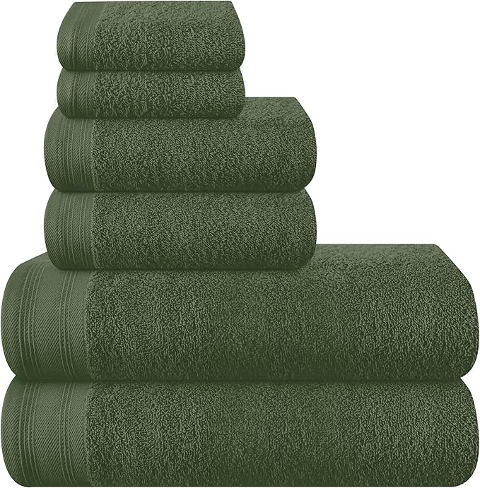 Ultra Soft 6 Pack Cotton Towel Set, Contains 2 Bath Towels 28x55 inch, 2 Hand Towels 16x24 inch & 2 Wash Coths 12x12 inch, Ideal Everyday use, Compact & Lightweight - Olive Green