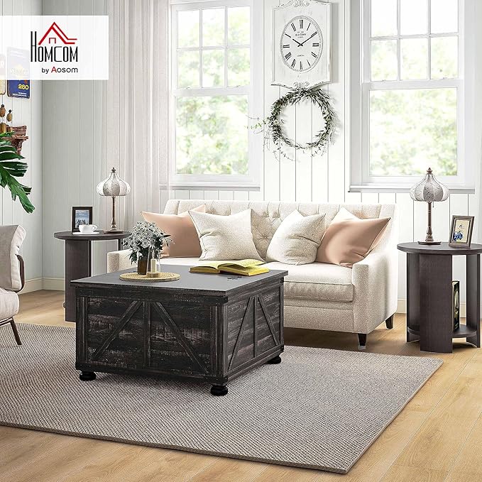 HOMCOM Farmhouse Coffee Table, 31.5" Square Coffee Table with Storage, Living Room Center Table with Hinged Flip Lift Top and Hidden Space, Distressed Brown