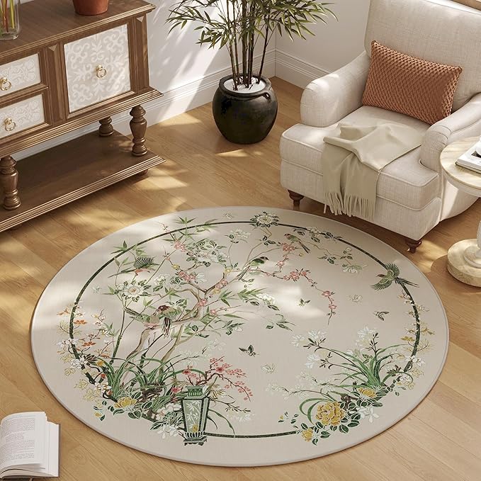 Circle Rug 4ft Chinoiserie-Style Floral Vintage Washable Round Rug Non Slip Low Pile Small Circular Rug for Bedroom, Bathroom, Entryway, Kids Room, Office, Beige