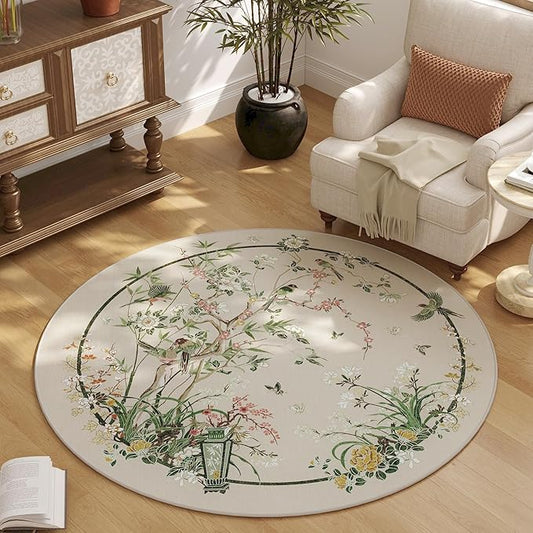 Circle Rug 4ft Chinoiserie-Style Floral Vintage Washable Round Rug Non Slip Low Pile Small Circular Rug for Bedroom, Bathroom, Entryway, Kids Room, Office, Beige