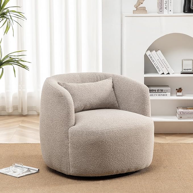 KINWELL 34" Wide Boucle Swivel Barrel Chair, No Assembly Round Upholstered Armchair Accent Chair Single Sofa Chair with Toss Pillow for Living Room and Bedroom, Taupe