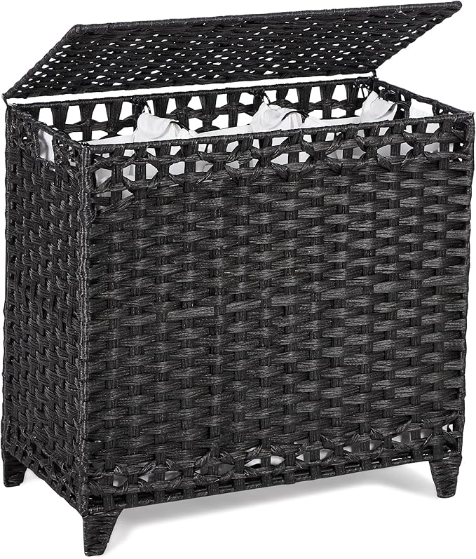 Laundry Hamper with 3 Removable Liner Bags; 132L Handwoven Rattan Laundry Basket with Lid & Heightened Feet; Clothes Hamper with Side Handles; Laundry Sorter with 3 Separate Sections (Black)