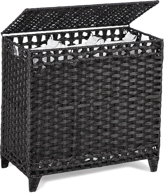 Laundry Hamper with 3 Removable Liner Bags; 132L Handwoven Rattan Laundry Basket with Lid & Heightened Feet; Clothes Hamper with Side Handles; Laundry Sorter with 3 Separate Sections (Black)