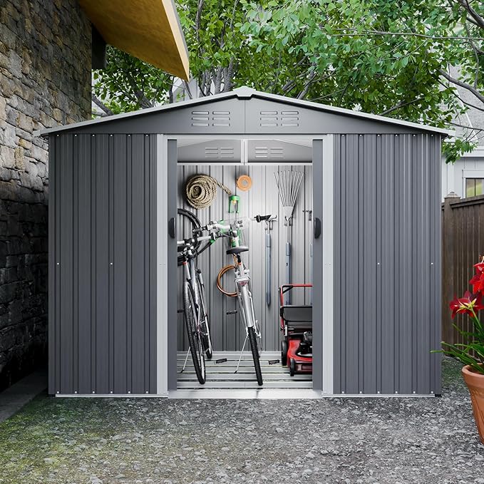 8 x 6 FT Outdoor Storage Metal Shed, Bike Garden Tool Shed with Slooping Roof, Lockable Doors and Aluminum Frames, Shed Easy to Assemble for Garden, Patio, Lawn, Black