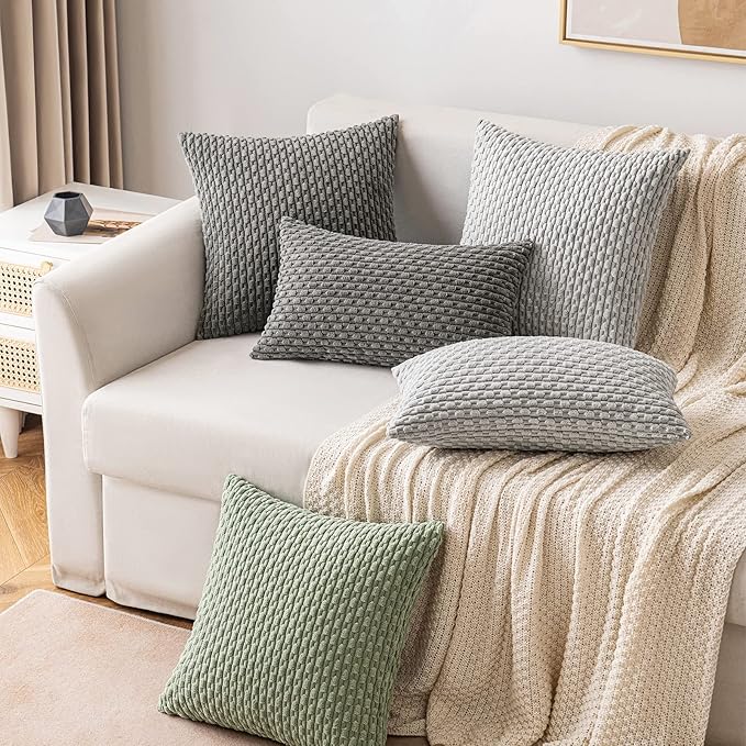 MIULEE Throw Pillow Covers Soft Corduroy Decorative Eruo Sham Set of 2 Boho Striped Pillow Covers Pillowcases Farmhouse Home Decor for Couch Bed Sofa Living Room 24x24 Inch Light Grey