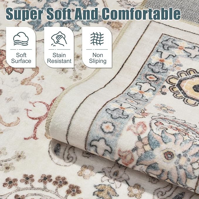 Area Rugs for Living Room: 8x10 Washable Rug Vintage Boho Floral Print - Ultra Thin Stain Resistant Large Soft Non Slip Foldable Carpets for Bedroom Dining Room Office Nursery - Multi
