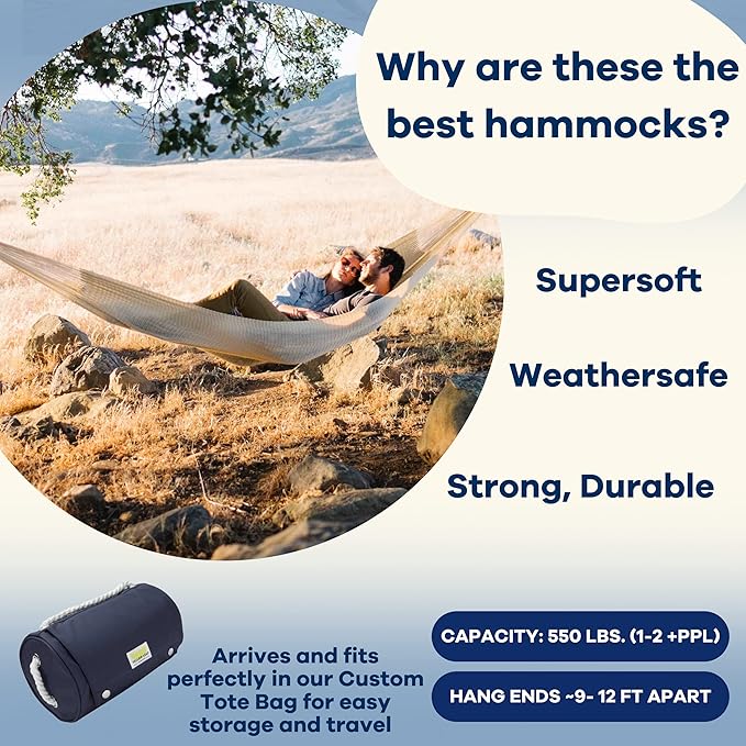 Handwoven Hammock by Yellow Leaf Hammocks - Family Size, Fits 2+ PPL, 550lb max - Weathersafe, Super Strong, Easy to Hang, Ultra Soft, Artisan Made - Color: Natural Khaki