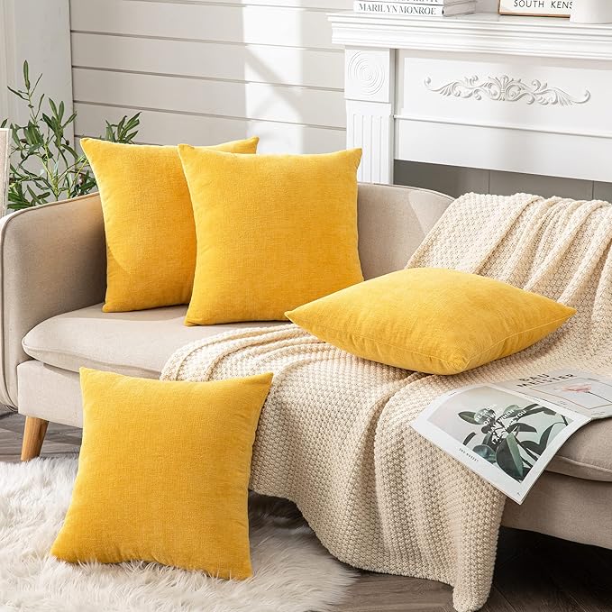 GAWAMAY Decorative Square Throw Pillow Covers 18"x18" Inch Set of 4, Super Soft Chenille Pillows Cover Fall Pillowcase for Living Room Bedroom Sofa Couch Cushion Cover Mustard Yellow 45x45cm