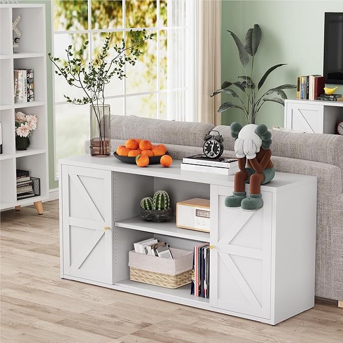 Modern Steel TV Stand Entertainment Center with Adjustable Shelves, Hidden Storage, Cable Management for TVs 43-65 inches - White