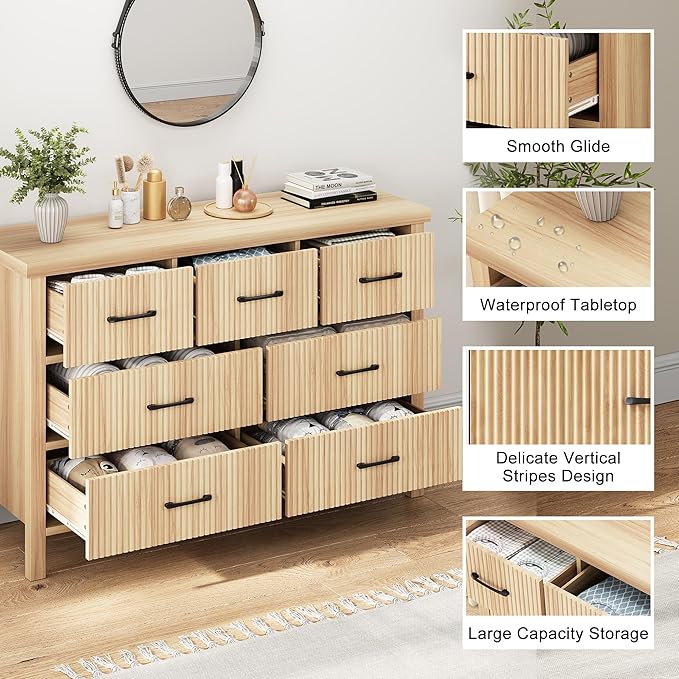Fluted 7 Drawers Dresser for Bedroom, Modern Chest of Drawers with Metal Handle, Wood Dresser TV Stand, Wooden Closet Clothes Storage Organizer for Living Room, Hallway (Natural Oak)