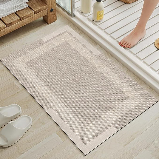 Non Slip Bath Mat, Rubber Backing Ultra Thin Bathroom Rugs Fit Under Door Quick Dry Super Absorbent Washable Bath Rug Shower Mat for Bathroom Floor Bathtub Shower Sink, Easy Care Beige 16"x 24"
