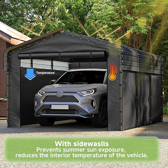 Real Relax 10x15ft Heavy Duty Metal Carport with Galvanized Steel Roof, Removable Sidewalls, Outdoor Car Port Shelter for Cars, Trucks and Boats, Gray