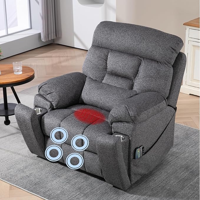4-Motor Lay Flat Power Lift Recliner Chair with Heat & Massage - Power Adjustable Headrest, Backrest, Lumbar & Legrest - Big Tall Recliners, 4-Point Massage (Seat Heating)
