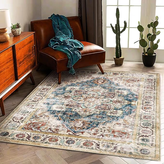 Washable Vintage Area Rug 6'x9' Boho Beige Blue Chic Medallion Distressed Design Non-Shedding Easy Care Ideal for High Traffic Areas in Living Room Bedroom Kitchen Office Large Carpet