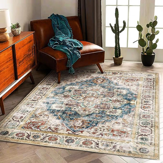 Retro Washable Area Rug 3'x5' Washable Living Room Boho Chic Medallion Distressed DesignIndoor Non-Slip Large Oriental Accent Throw Rug for Kitchen Bedroom Office Carpet