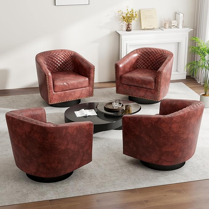 Swivel Barrel Accent Chair, Comfy Modern Upholstered Round Faux Leather Arm Chair for Living Room, Bedroom（Red Brown, Set of 4