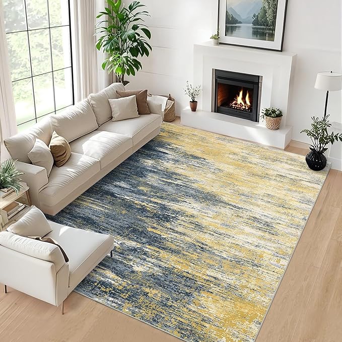 Washable Rug 5x7 Abstract Area Rug for Living Room, Non Slip Foldable Soft Rugs for Bedroom, Stain Resistant Rugs Modern Fuzzy Rug, Indoor Carpet for Entryway Home, Yellow/Black