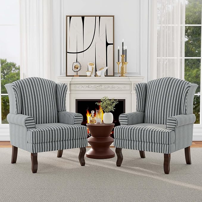 Accent Chair, High Back Upholstered Armchair with High Resilience Sponge & Wood Legs, Mid-Century Modern Comfy Single Sofa Reading Chairs for Living Room, Bedroom (Stripe Grey, Set of 1)