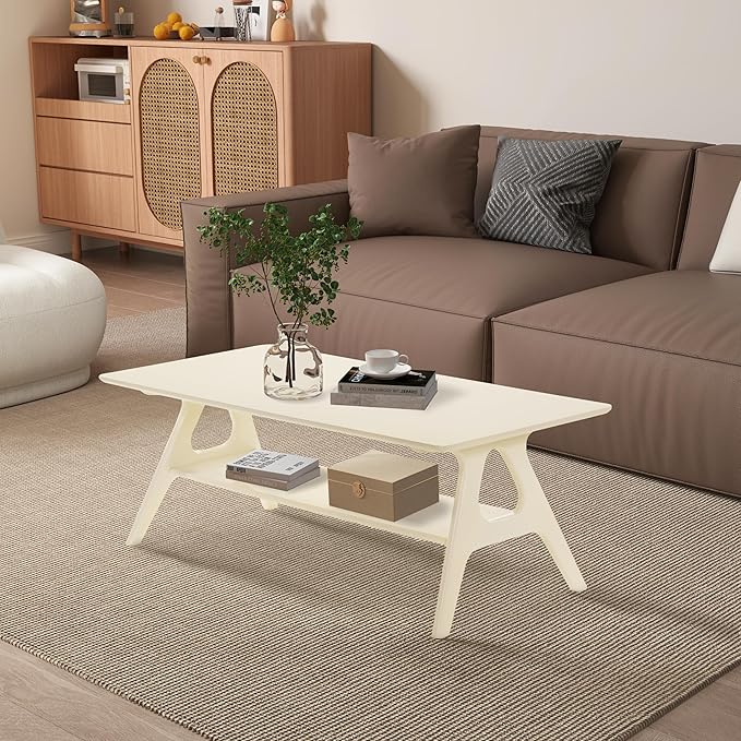 Roundhill Furniture Arona Mid-Century Modern Wood Shelf Coffee Table, Off-White Finish