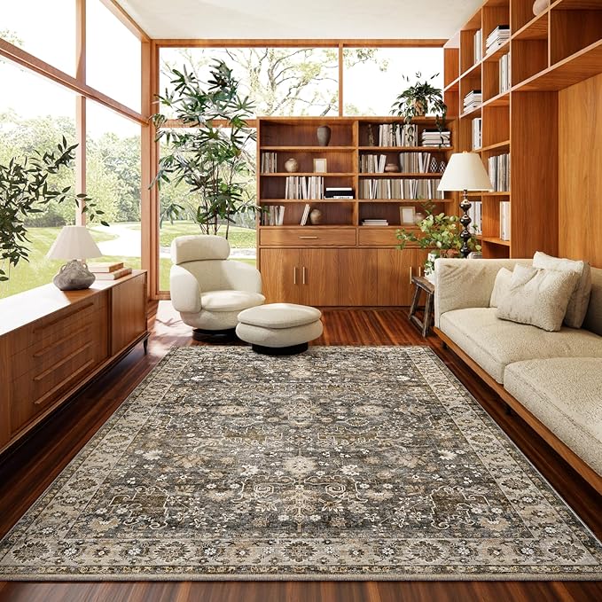 6x9 Washable Rug Vintage Fade Resistant Boho Distressed Non-Slip Indoor Large Carpet Low Pile Lightweight & High-Traffic Safe for Bedroom, Dorm, Playroom - Farmhouse Decor