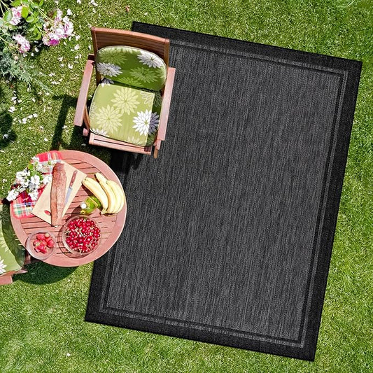 CAMILSON Indoor Outdoor Rug, 8x10 Bordered Dark Gray Black Modern Area Rugs for Indoor and Outdoor Patios, Kitchen and Hallway Mats, Washable Porch Deck Outside Carpet (Bordered Black, 8 x 10)