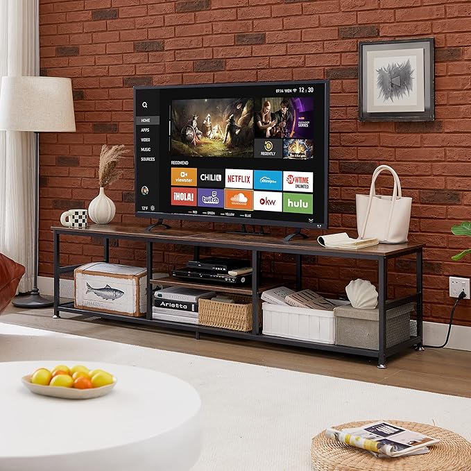 VECELO TV Stand with Power Outlets for Televisions up to 65Inch, 55" Media Entertainment Center with Charging Station 3-Tier Open Storage Shelves with Metal Frame for Living Room/Bedroom，Brown