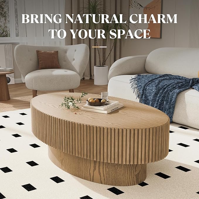 Oval Wood Coffee Table, Modern Fluted Coffee Table for Living Room, Veneer Handcrafted Relief 43.7" Olive-Shaped Tea Table with Sturdy Pedestal，Easy Assembly - Natural